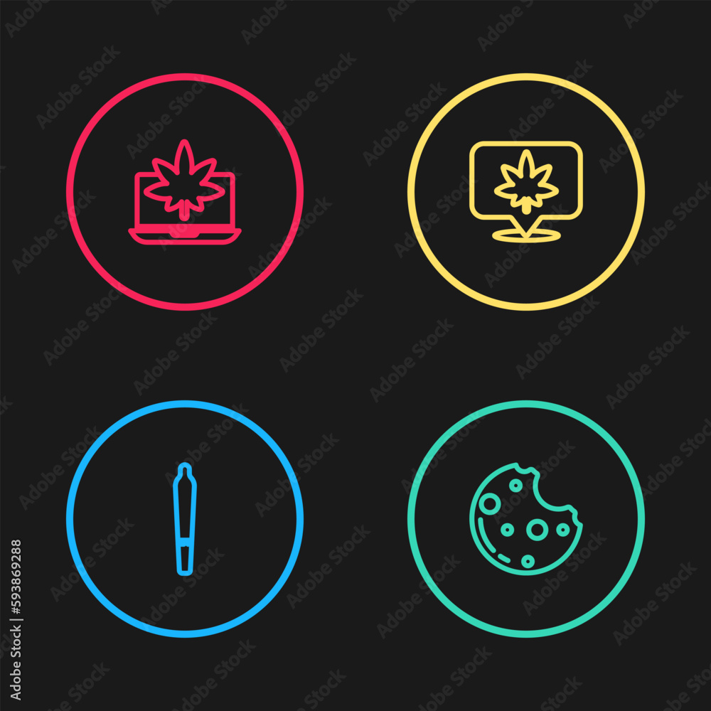 Set line Marijuana joint, Cookies with marijuana, Location and cannabis and Laptop or icon. Vector Set line Marijuana joint, Cookies with marijuana, Location and cannabis and Laptop or icon. Vector