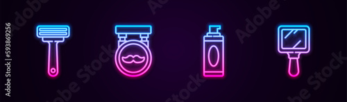 Set line Shaving razor, Barbershop, gel foam and Hand mirror. Glowing neon icon. Vector