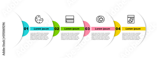 Set line Cookies with marijuana, Rolling paper, Herbal ecstasy tablets and Plastic bag of cannabis. Business infographic template. Vector