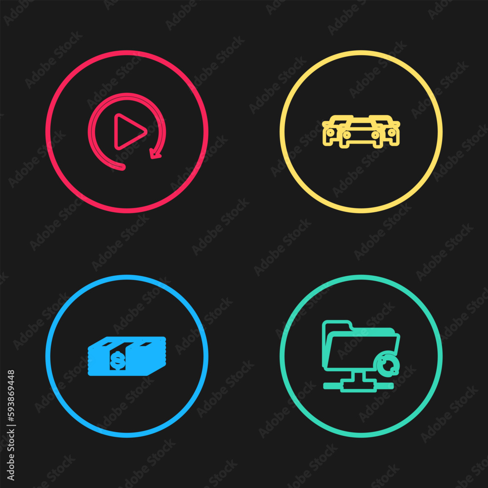 Set line Paper money dollars cash, FTP sync refresh, Cars and Video play button icon. Vector Set line Paper money dollars cash, FTP sync refresh, Cars and Video play button icon. Vector