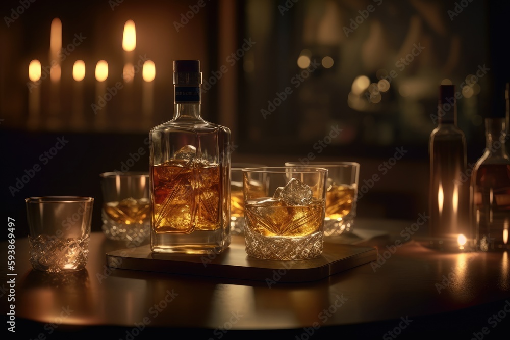 Whiskey bottle and glasses on the table with the night indoor background. Generative AI. Whiskey bottle and glasses on the table with the night indoor background. Generative AI.