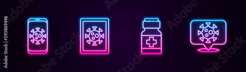 Set line Virus statistics on mobile, monitor, Medicine bottle and pills and Corona virus location. Glowing neon icon. Vector