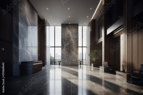 Luxury hotel lobby with marble tiles. Generative AI.