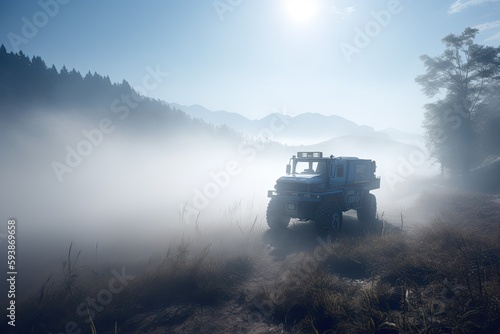 Fog in the mountains with jeep. Generative AI.