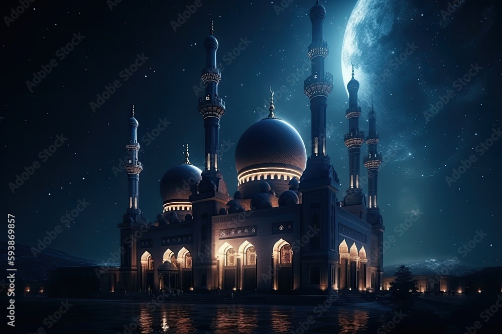 Night view of the mosque. Generative AI.