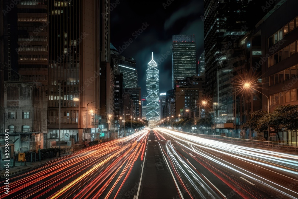 Fototapeta premium Traffic with speed light line at night. Generative AI.
