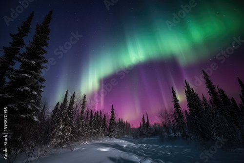 Green pink aurora borealis over the forest. Generative AI. © hugo