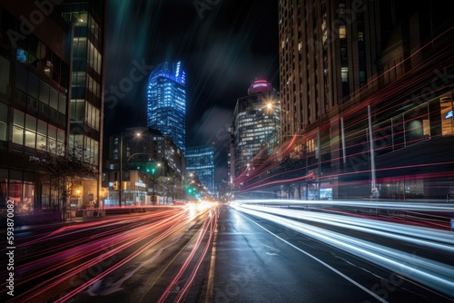 Traffic with speed light line at night. Generative AI. © hugo