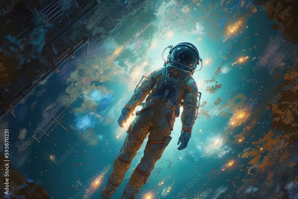 Astronaut flying at the beautiful space and looking toward the space. Generative AI. Astronaut flying at the beautiful space and looking toward the space. Generative AI.