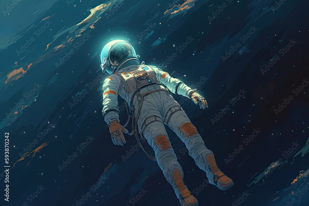 Astronaut flying at the beautiful space and looking toward the space. Generative AI. Astronaut flying at the beautiful space and looking toward the space. Generative AI.