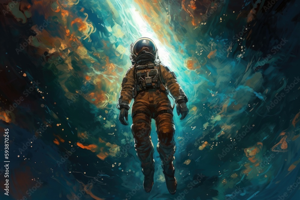 Fototapeta premium Astronaut flying at the beautiful space and looking toward the space. Generative AI.