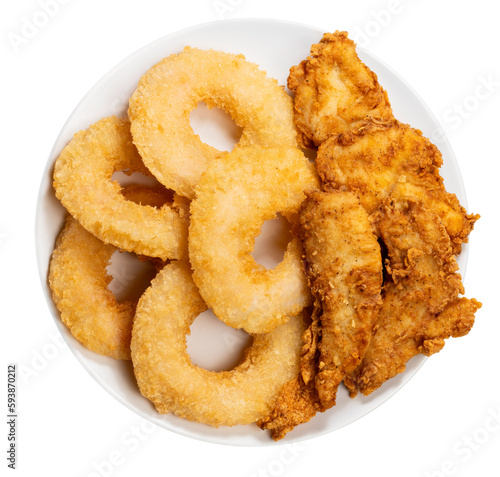 Fried shrimp donut and Crispy Fried Chicken Breast Cutlets in white plate isolated on white background, Fried Chicken and shrimp donut on white PNG File.