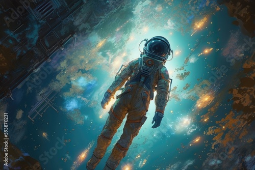 Astronaut flying at the beautiful space and looking toward the space. Generative AI.