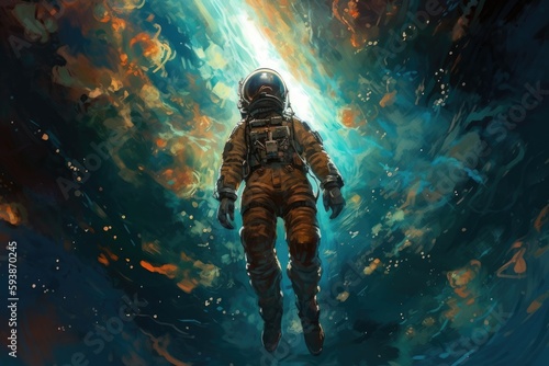 Astronaut flying at the beautiful space and looking toward the space. Generative AI. © hugo