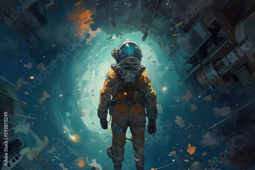 Astronaut flying at the beautiful space and looking toward the space. Generative AI.