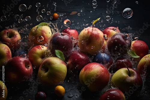 Apples with water splashes. Generative AI.