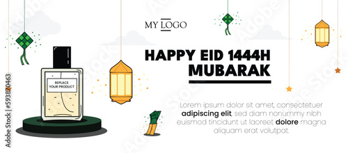 Happy eid mubarak 1444H on 2023. Greeting banner cover profile isolated on white background. Simple clean white banner design with doodle art of perfume. Muslim culture of al fitr.