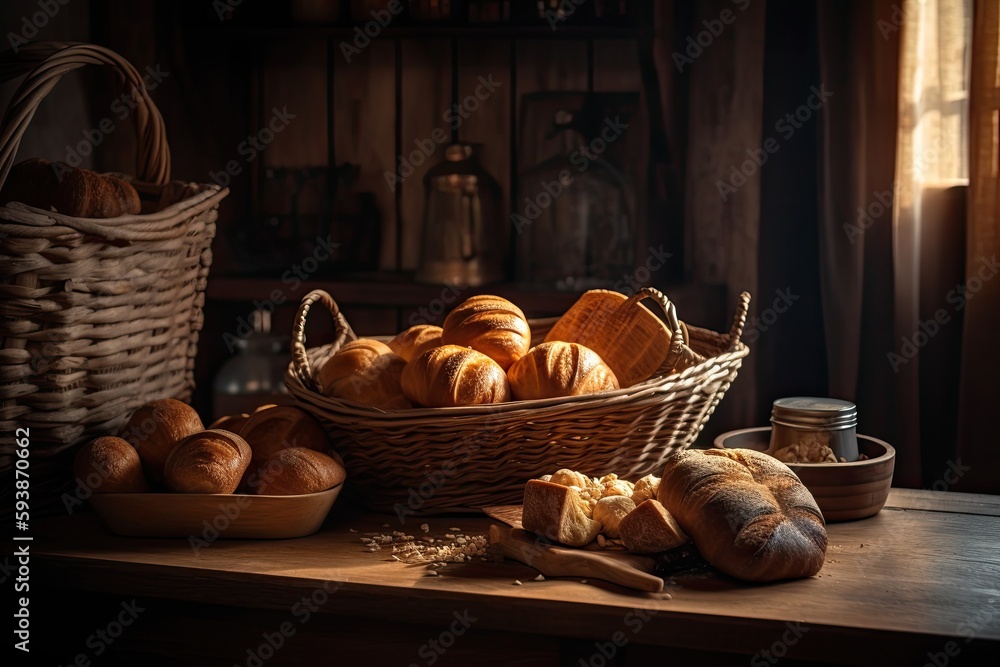 Bread in a basket in the morning. Generative AI.