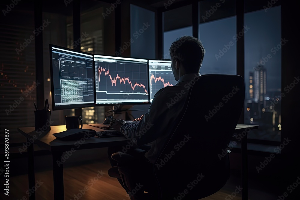 Trader sit in front of computer screen to monitor share market. Generative AI. Trader sit in front of computer screen to monitor share market. Generative AI.