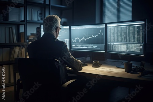 Trader sit in front of computer screen to monitor share market. Generative AI. © hugo
