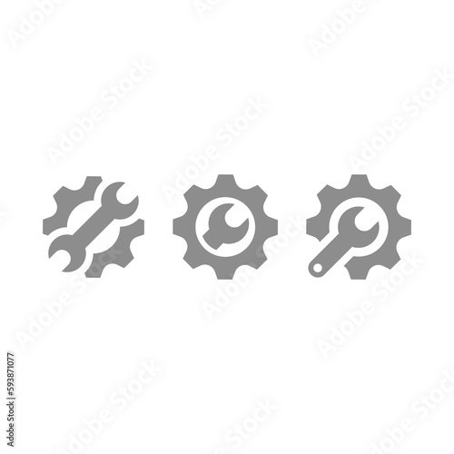 Gear with spanner or wrench filled vector icon set. Setup, settings glyph icons.