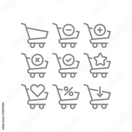 Shopping cart with checkmark, arrows line icon set. Add to cart with star and heart, plus and minus sign outlined icons.