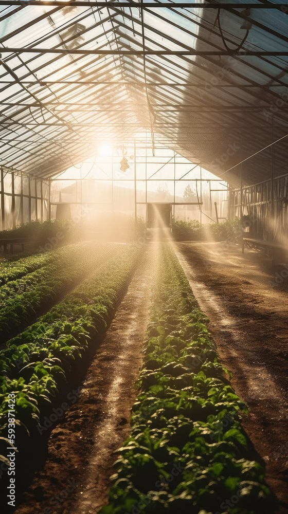 Inside a vegetable greenhouse, there is a neat and uniform organic vegetable field. agriculture business. ai generative Inside a vegetable greenhouse, there is a neat and uniform organic vegetable field. agriculture business. ai generative