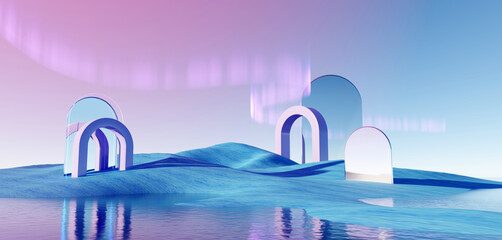 Papier peint photo Pourpre 3d render Surreal pastel landscape background with geometric shapes, abstract fantastic desert dune in seasoning landscape with arches, panoramic, futuristic scene with copy space, blue sky and cloudy  © TANATPON