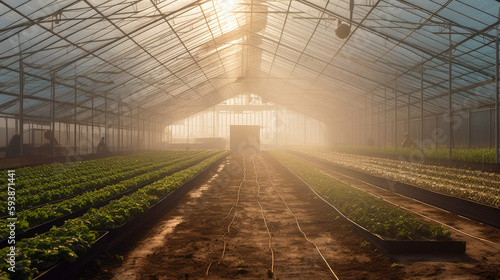 Inside a vegetable greenhouse, there is a neat and uniform organic vegetable field. agriculture business. ai generative © ZoomTeam