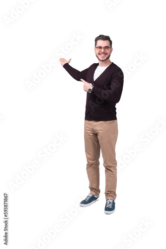 full length portrait of a young casual man presenting something isolated on transparent background