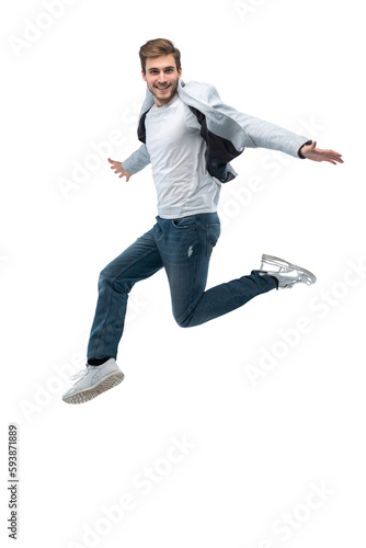 Full-length photo of funny man in casual t-shirt, blazer and jeans running or jumping in air isolated over transparent background