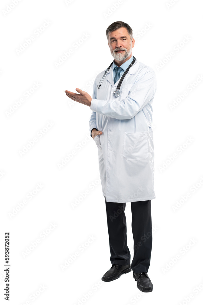 Doctor senior man, medical professional holding something in empty hand
