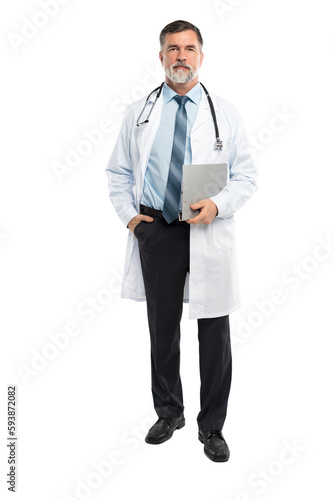 Fotografie full body picture of a mature doctor holding a notepad, on transparent backgroun