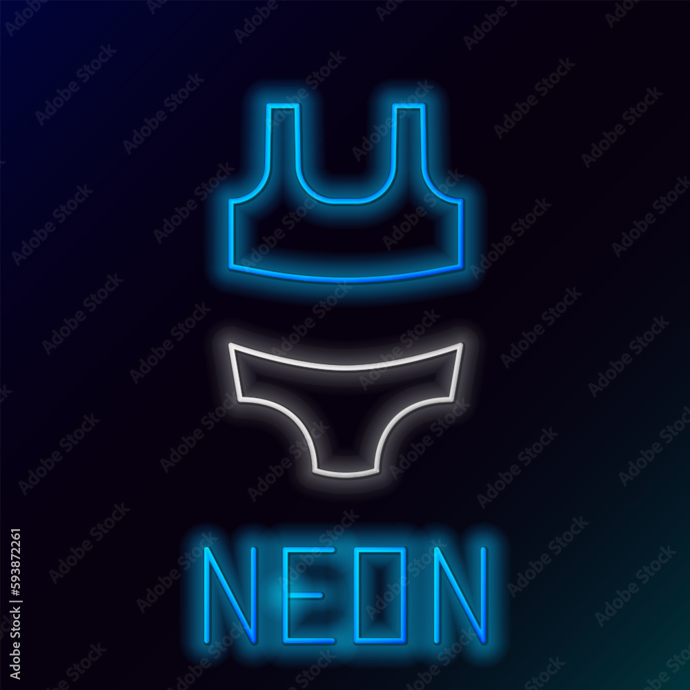 Glowing neon line Summer beach swimsuit icon isolated on black background. Beach women fashion. Colorful outline concept. Vector Glowing neon line Summer beach swimsuit icon isolated on black background. Beach women fashion. Colorful outline concept. Vector