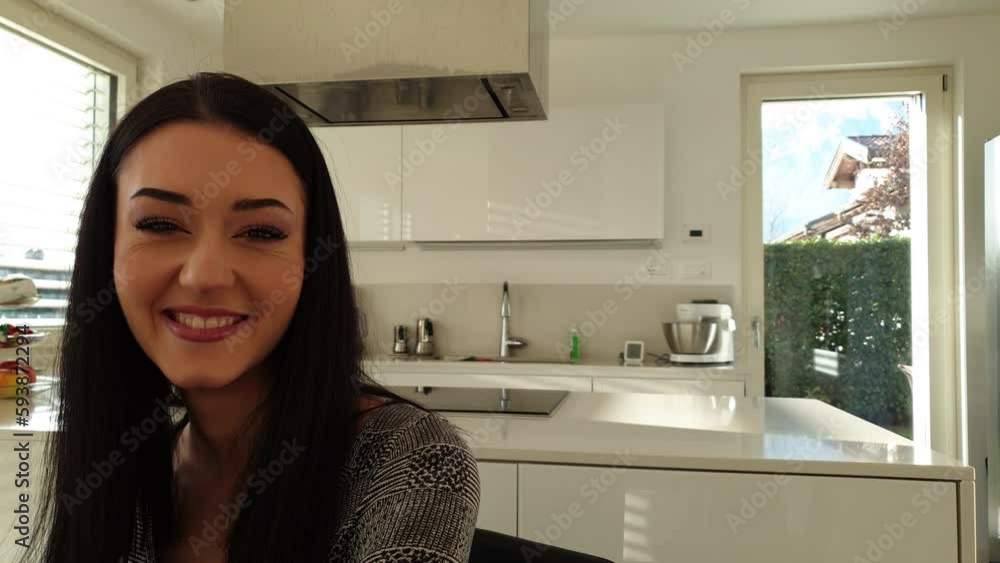 zoom in, portrait of young woman smiling and laughing