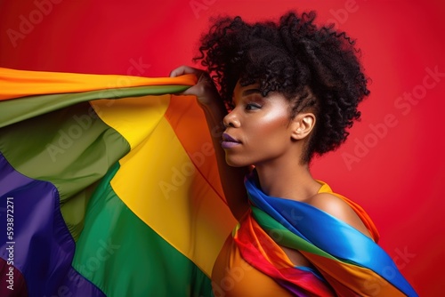 Black woman covered with rainbow flag. LGBT Pride Month celebration generative ai