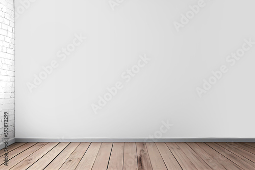Empty white wall mockup with a wooden floor. Generative ai.