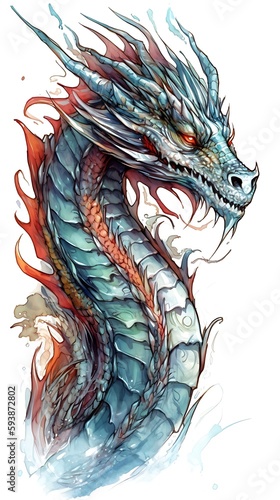 Drawn illustration of an epic red and blue dragon head with red eyes, clip art, digital art, watercolor art, white background