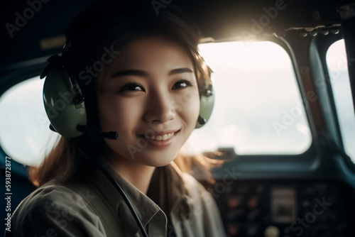 A skilled and confident female pilot takes control of an airplane, soaring through the skies with expertise and precision. generative AI © Surachetsh