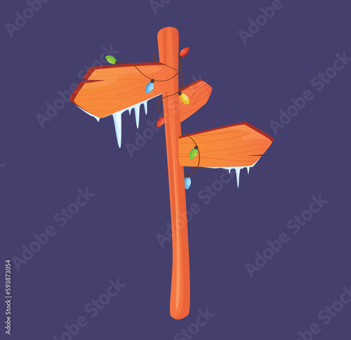Concept Winter Christmas festive wooden pointer sign. The wooden texture of the sign is highlighted by the simple and clean lines of the design. Vector illustration.