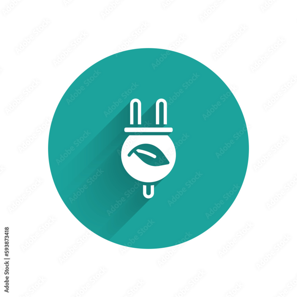White Electric saving plug in leaf icon isolated with long shadow background. Save energy electricity. Environmental protection. Bio energy. Green circle button. Vector White Electric saving plug in leaf icon isolated with long shadow background. Save energy electricity. Environmental protection. Bio energy. Green circle button. Vector