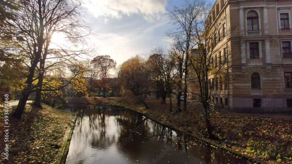 Scenic view with a calm pond in an urban park. Fall leaves on the ground. Scenic view with a calm pond in an urban park. Fall leaves on the ground.