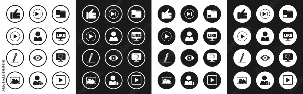 Set Document folder, Add to friend, Play in circle, Hand like, Like speech bubble, Fast forward, Dislike and Pencil with eraser icon. Vector Set Document folder, Add to friend, Play in circle, Hand like, Like speech bubble, Fast forward, Dislike and Pencil with eraser icon. Vector