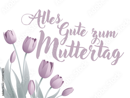 German Happy Mothers Day Alles Gute Zum Muttertag paper craft or paper cut origami style floral tulip flowers design. With lilac tulips background corner frame design elements.