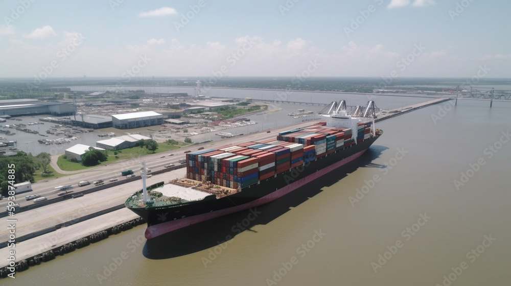 Aerial view of a large container ship being loaded at the port of Mobile  Generative AI