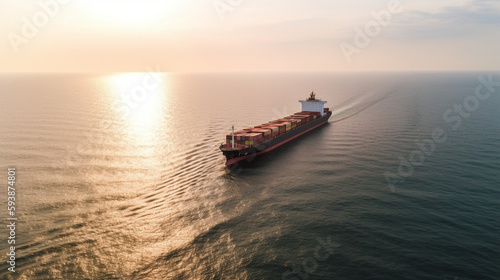 Aerial panorama of a cargo ship carrying container for import and export, business logistic and transportation in open sea with copy space Generative AI
