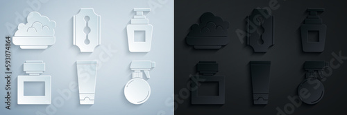 Set Cream or lotion cosmetic tube, Bottle of shampoo, Aftershave, Hairdresser pistol spray bottle, Blade razor and Shaving gel foam icon. Vector