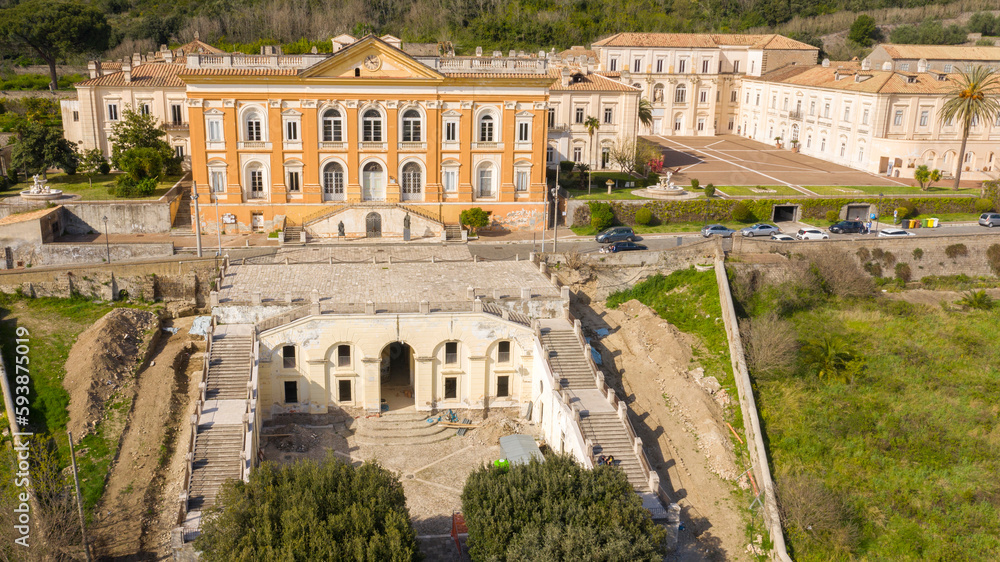 Aerial view of the Belvedere di San Leucio, a monumental complex located in Caserta, in Campania, Italy. It is Unesco world heritage site and an ancient Bourbons Royal residence and silk factory.