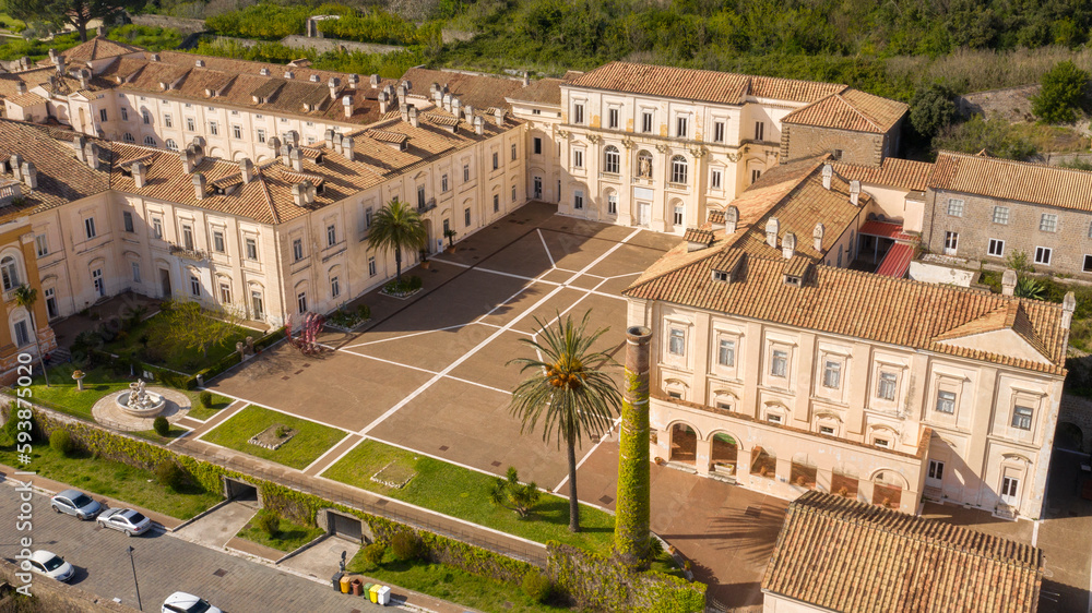 Aerial view of the Belvedere di San Leucio, a monumental complex located in Caserta, in Campania, Italy. It is Unesco world heritage site and an ancient Bourbons Royal residence and silk factory. - obrazy, fototapety, plakaty 