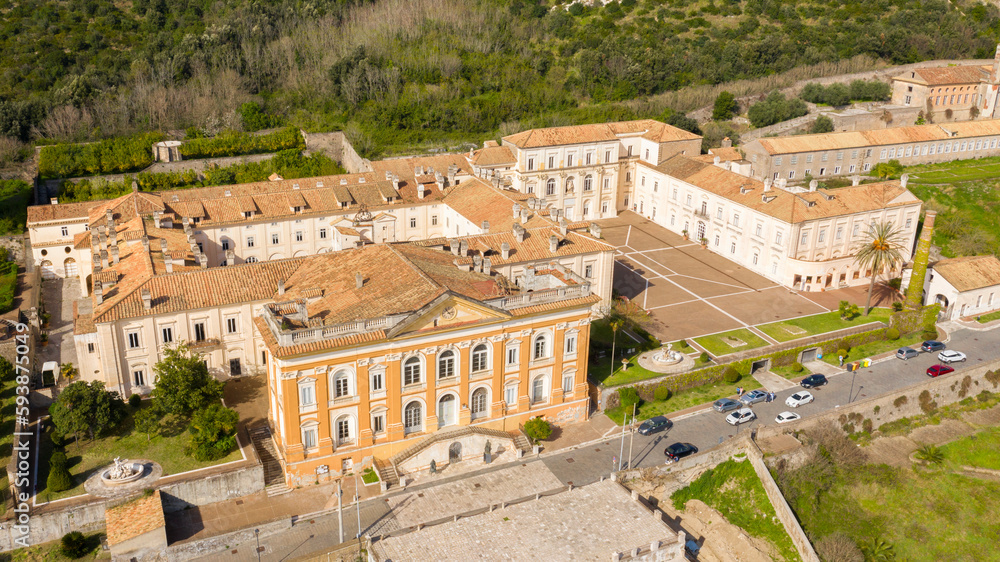 Aerial view of the Belvedere di San Leucio, a monumental complex located in Caserta, in Campania, Italy. It is Unesco world heritage site and an ancient Bourbons Royal residence and silk factory.